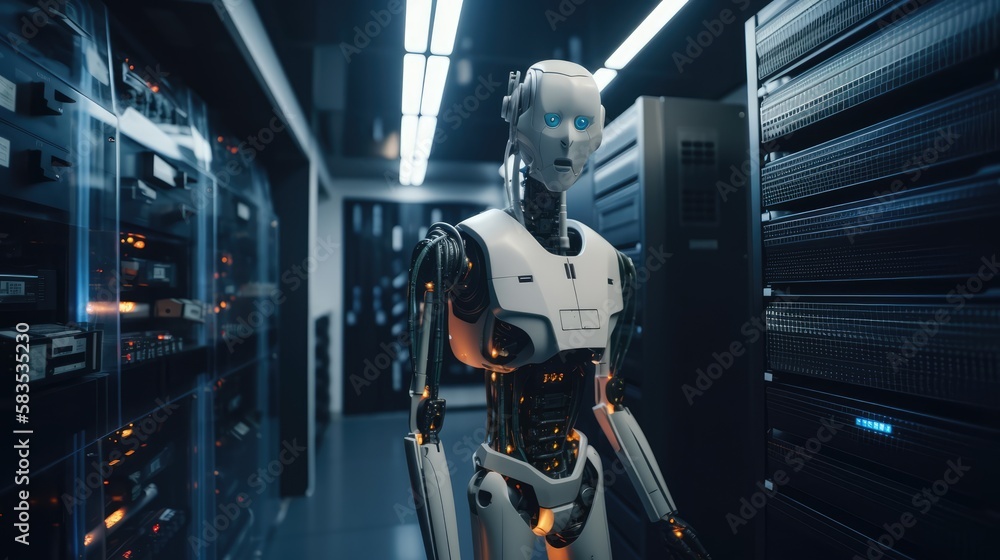 Fototapeta premium Robot observing a data center, made with generative ai