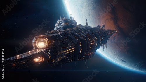 Fotografiet Battlecruiser spaceship in outer space, made with generative ai