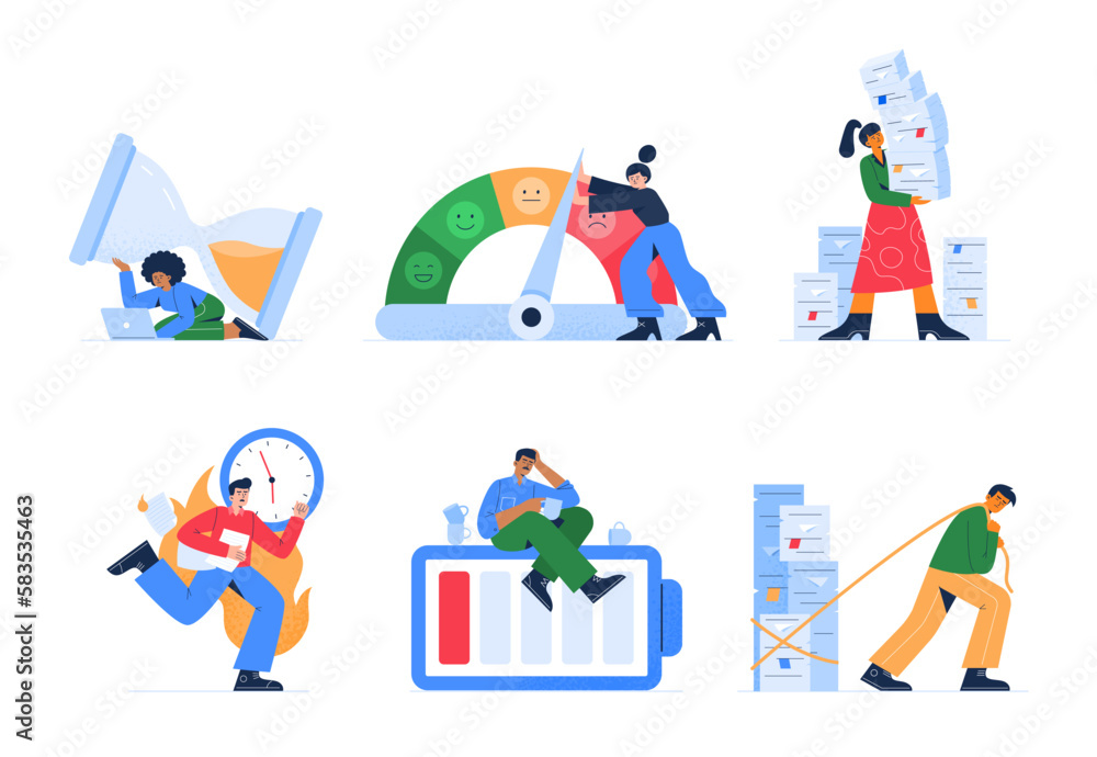 Set of tired employees. Men and women try to deal with work. Stress in the office. Emotion exhaustion and burnout at work. Vector flat illustrations isolated on the white background.