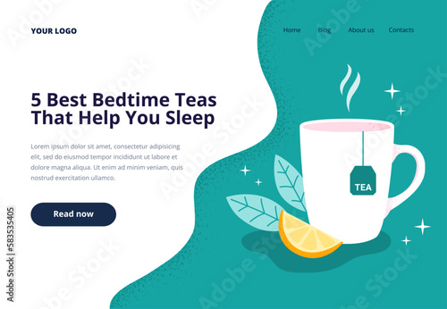 Natural herbal tea for better sleep. Relaxation, healthy sleep concept. Vector flat illustration for web banners or landing page.