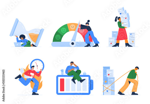 Set of tired employees. Men and women try to deal with work. Stress in the office. Emotion exhaustion and burnout at work. Vector flat illustrations isolated on the white background.