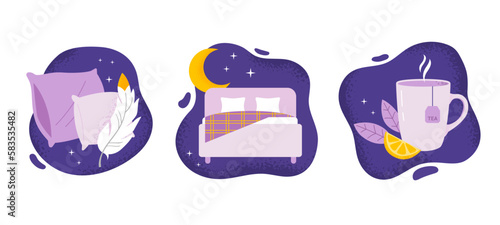 Set of items for better sleep. Sleep time. Comfortable pillows, bed, and natural herbal tea. Relaxation, sleeping concepts. Trendy vector flat illustrations.