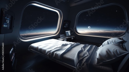 Fototapeta Naklejka Na Ścianę i Meble -  Bedroom in a spaceship, made with generated ai