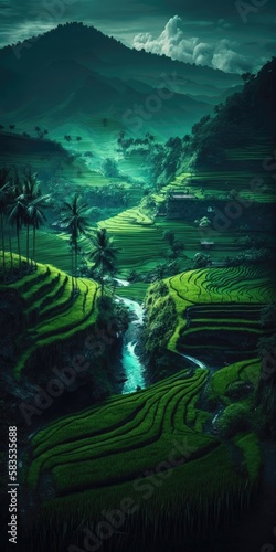 Emerald Green Rice Terraces Tropical Paradise Smartphone Phone Wallpaper. Generative AI