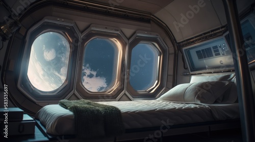 Fototapeta Naklejka Na Ścianę i Meble -  Bedroom in a spaceship, made with generated ai