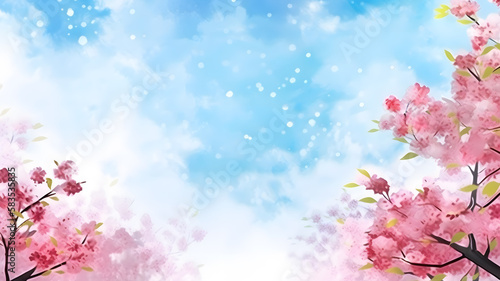 Spring background with the image of blue sky and cherry blossoms Watercolor illustration Generative AI