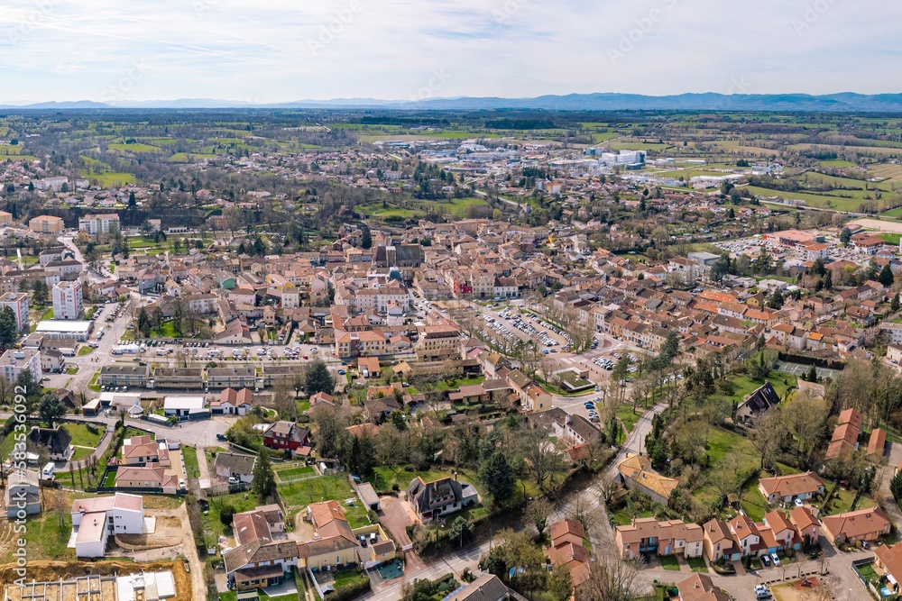 Aerial drone View of Châtillon-sur-Chalaronne, Ain, Auvergne-Rhône-Alpes, France