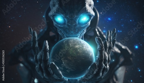 Alien holding planet earth in hands, made with generative ai