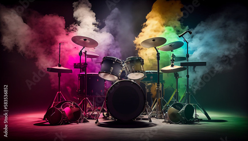 Drum kit with smoke. Generative Ai