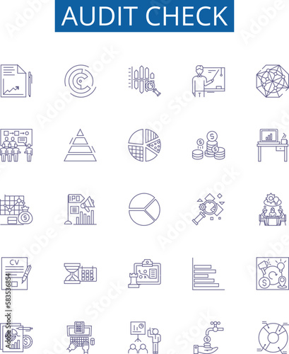 Audit check line icons signs set. Design collection of Inspection, Assessing, Verifying, Evaluation, Examining, Monitoring, Scrutiny, Checking outline concept vector illustrations