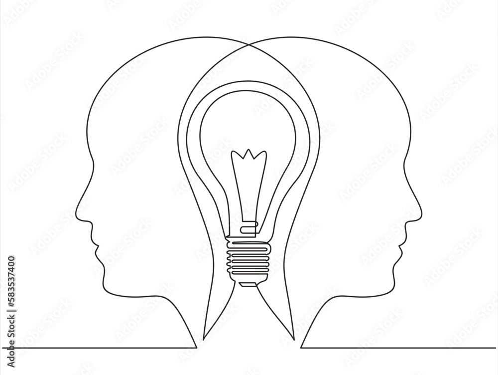 Continuous one line drawing light bulb symbol idea.The concept of thinking ideas inside the person's head Continuous one line drawing light bulb symbol idea.The concept of thinking ideas inside the person's head