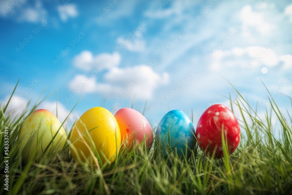 Colorful easter eggs on a meadow - close up (AI generated) 