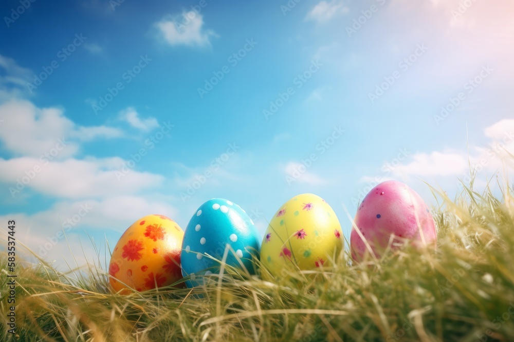 Colorful easter eggs on a meadow - close up (AI generated) Colorful easter eggs on a meadow - close up (AI generated)