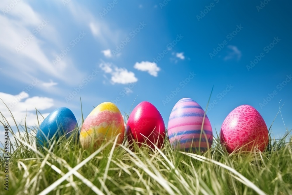 Colorful easter eggs on a meadow - close up (AI generated) 