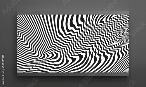The geometric background by stripes. Black and white modern pattern with optical illusion. 3d vector illustration for brochure, annual report, magazine, poster, presentation, flyer or banner.