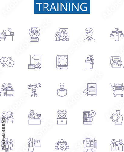 Training line icons signs set. Design collection of Education, Coaching, Tuition, Learning, Drilling, Instruction, Tutoring, Exercise outline concept vector illustrations