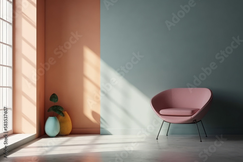 Colorful contemporary chair against an empty wall. Generative AI