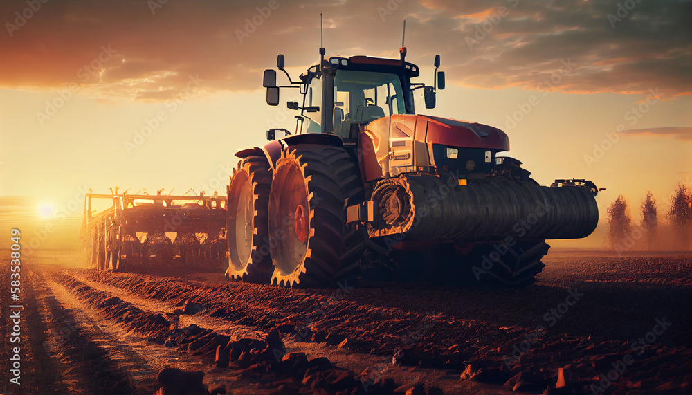 Fototapeta premium Tractor plowing the field. Generative Ai
