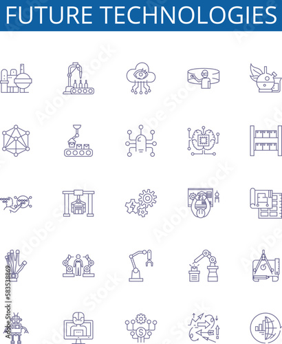 Future technologies line icons signs set. Design collection of Artificial, Intelligence, Robotics, Quantum, Computing, Blockchain, Augmented, Reality outline concept vector illustrations