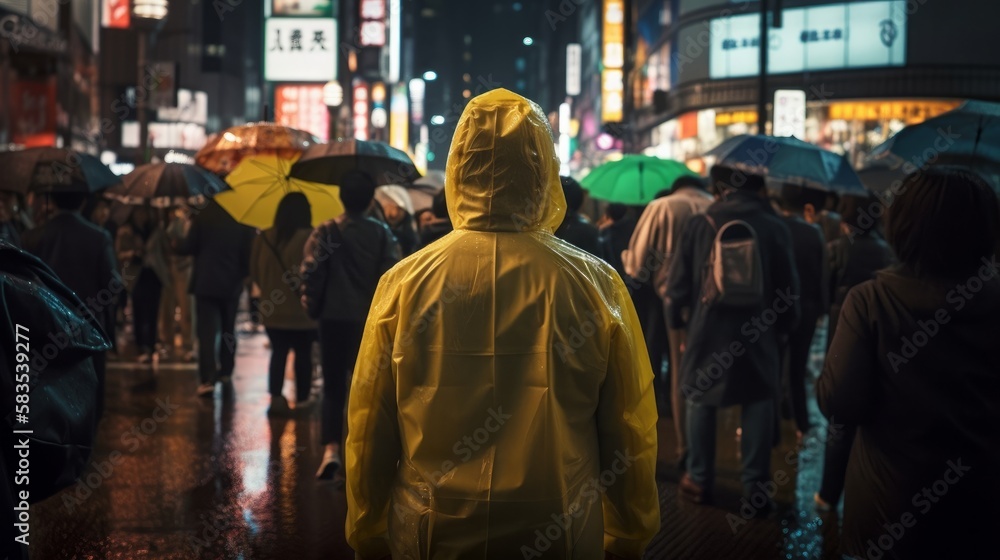 man in yellow rain jacket walking in urban downtown street night with raining ,city street night reflect with light and advertising billboard, image ai generate