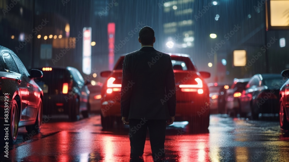 Business man standing middle of the intersection street busy city in the rain at night , image ai generate Business man standing middle of the intersection street busy city in the rain at night , image ai generate
