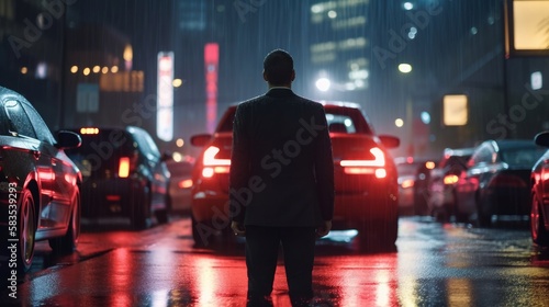 Business man standing middle of the intersection street busy city in the rain at night , image ai generate © VERTEX SPACE