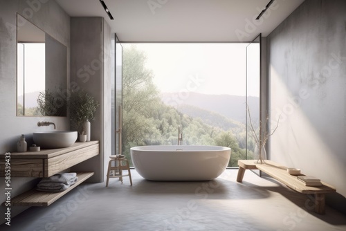 Interior of a grey bathroom with a concrete floor, a white tub, and a wooden shower. contemporary interior with a view of the countryside. blank wall, no individuals in the copy space. Generative AI © 2rogan