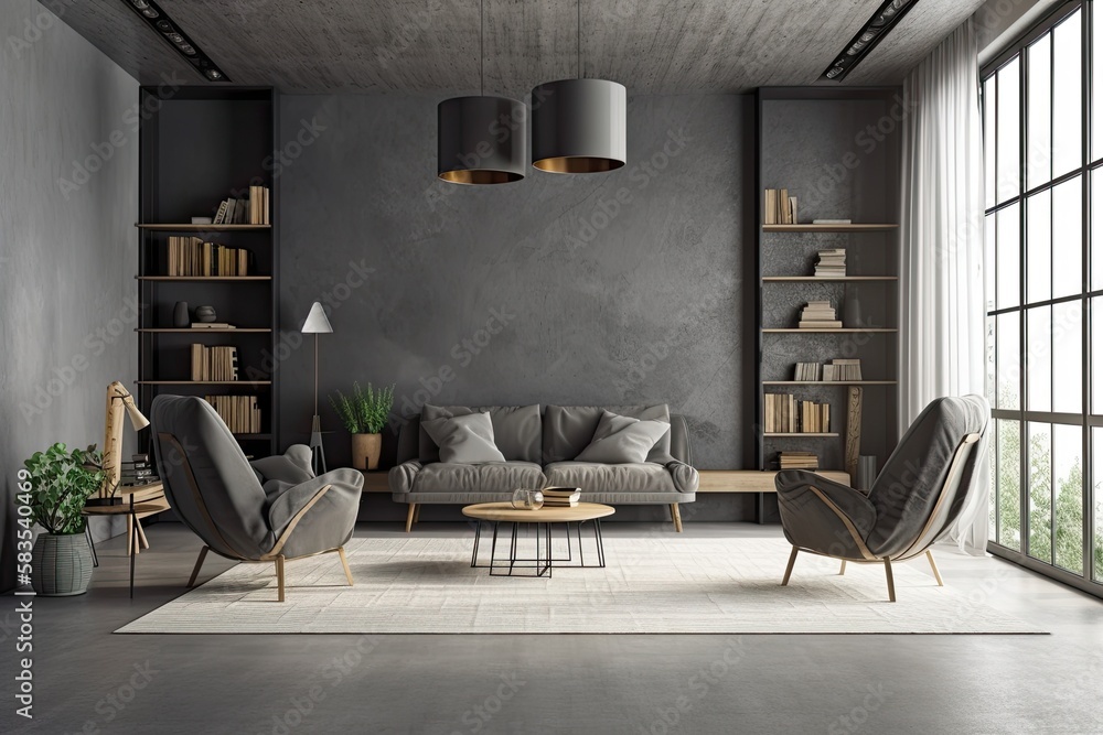 Interior of a dark grey living room with four armchairs, a coffee table