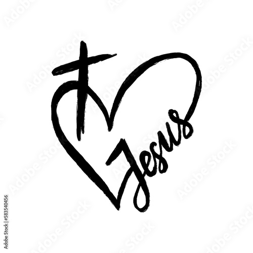 A heart, a cross and the inscription Jesus in grunge style. A symbol of Christianity.