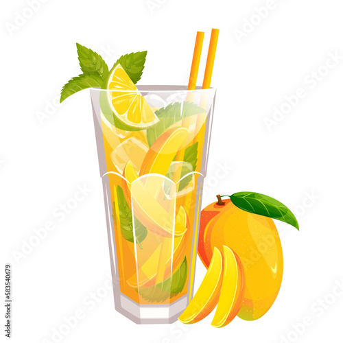 Mango mojito.Tropical cocktail, lemonade with mango slices, mint, lime, ice.Vector illustration.