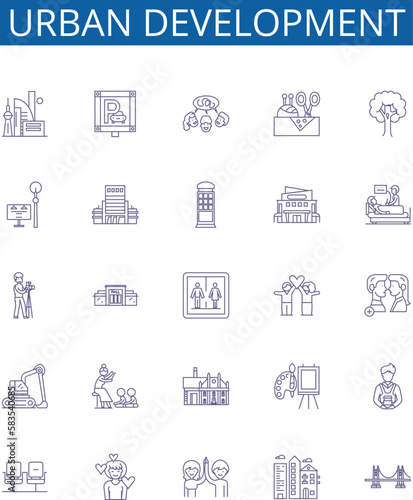 Urban development line icons signs set. Design collection of , Urbanization, Planning, Infrastructure, Transportation, Neighborhoods, Growth, Gentrification outline concept vector illustrations