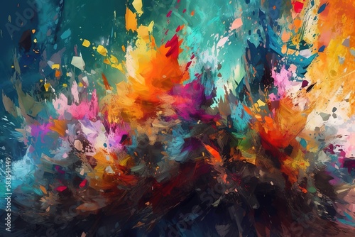 Art abstract panorama  fun  creative background texture with random paint brushstrokes in amazing multicolor - painting concept for design - in long  thin header  banner.   Generative AI
