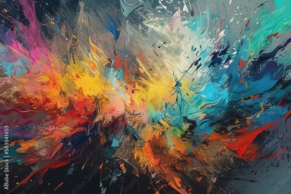 Art abstract panorama; fun; creative background texture with random paint brushstrokes in amazing multicolor - painting concept for design - in long, thin header/ banner. , Generative AI