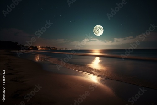 A full moon illuminating a beach Generative AI