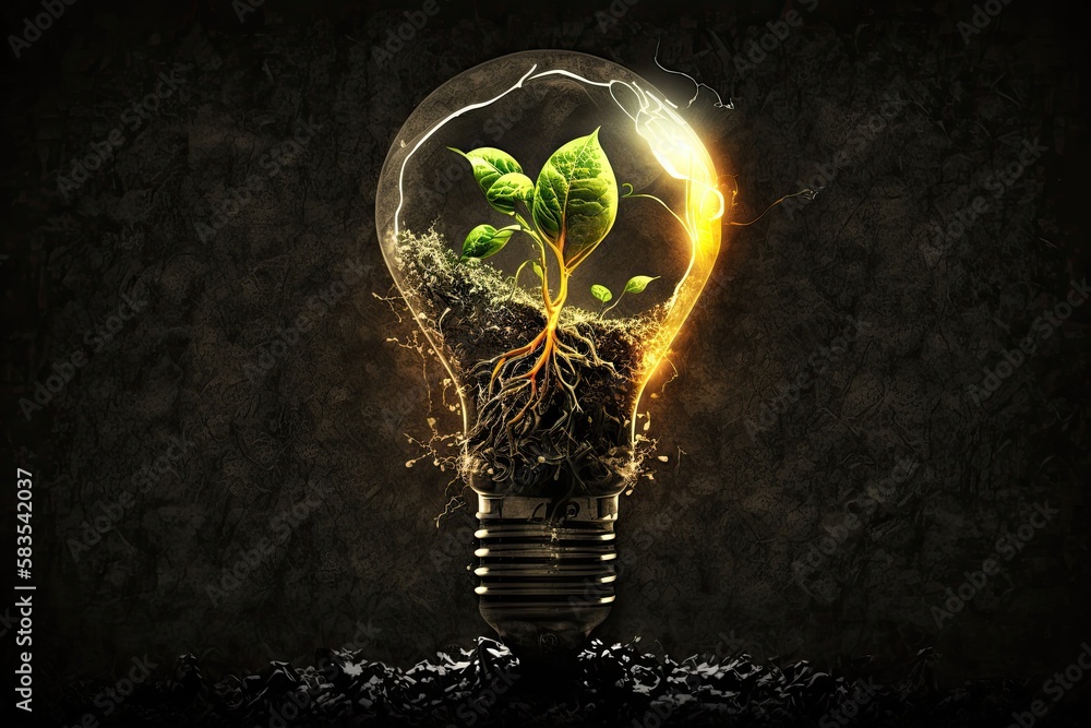 A light bulb filled with soil and a plant growing inside, symbolizing ...
