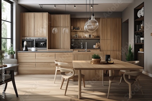 a contemporary kitchen's interior with wooden accents. Generative AI