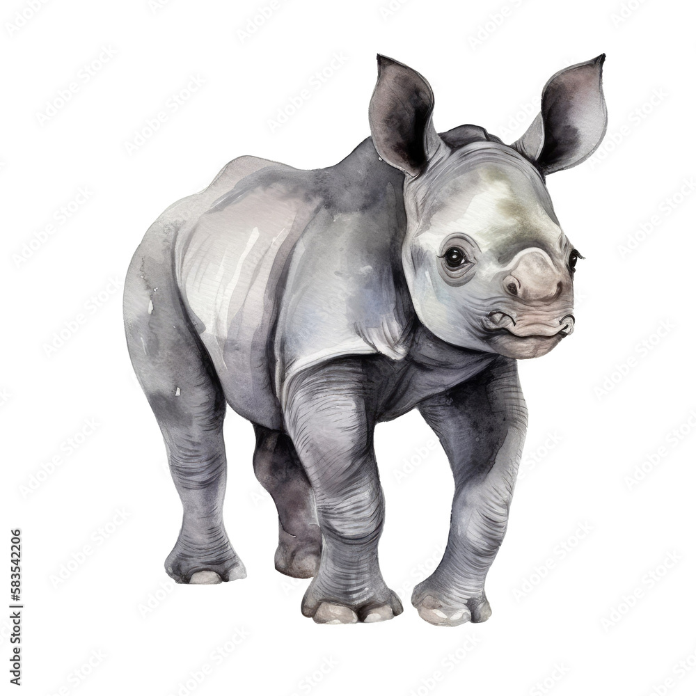 watercolor baby Black rhinoceros isolated on transparent, ai generated