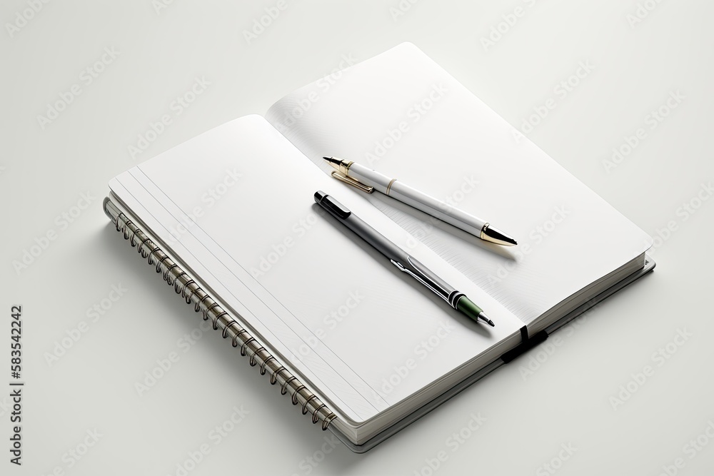 A top view of a blank notebook and pen on a white background, perfect for business planning and note-taking. Generated by AI. A top view of a blank notebook and pen on a white background, perfect for business planning and note-taking. Generated by AI.