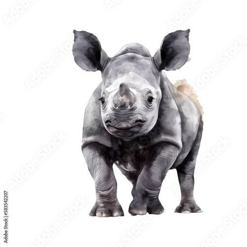watercolor baby Black rhinoceros isolated on transparent  ai generated