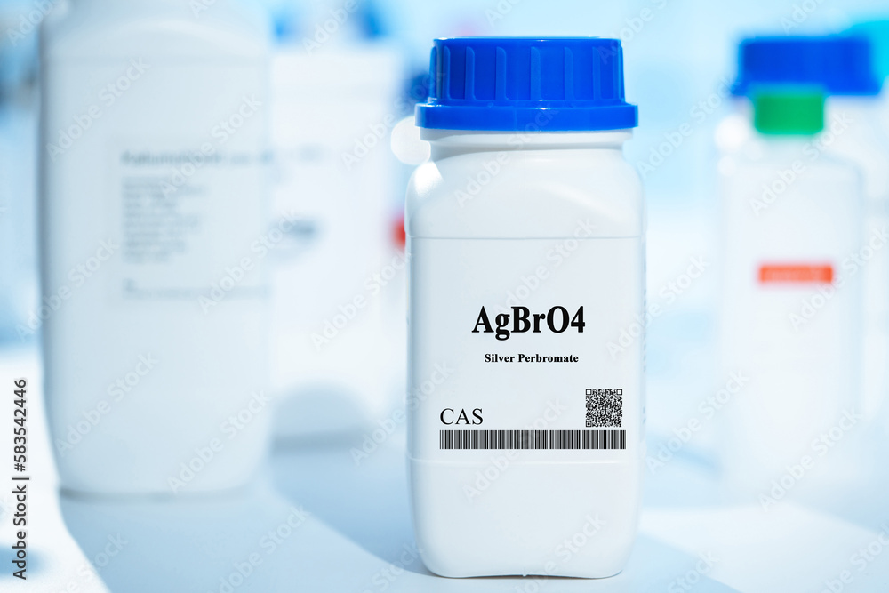 AgBrO4 silver perbromate CAS chemical substance in white plastic laboratory packaging AgBrO4 silver perbromate CAS chemical substance in white plastic laboratory packaging