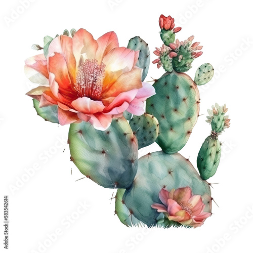 cactus and flowers, watercolor transparent, ai generated
