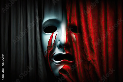 A cinematic shot of a drama theatre stage with a large, intricate mask as the centerpiece. Generated by AI.