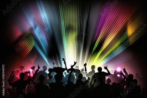An abstract image of a music concert audience, featuring blurred silhouettes of fans with outstretched arms and colorful stage lights in the background. Generated by AI.