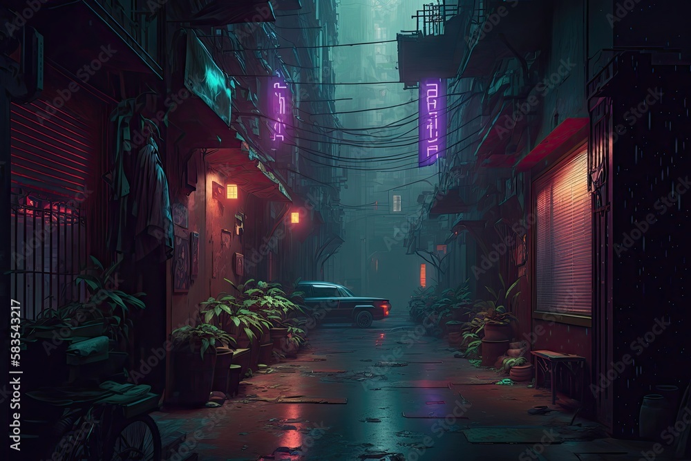 A dark and gritty cyberpunk alleyway in the metaverse, featuring flickering neon lights, abandoned technology, and ominous shadows. Generated by AI.