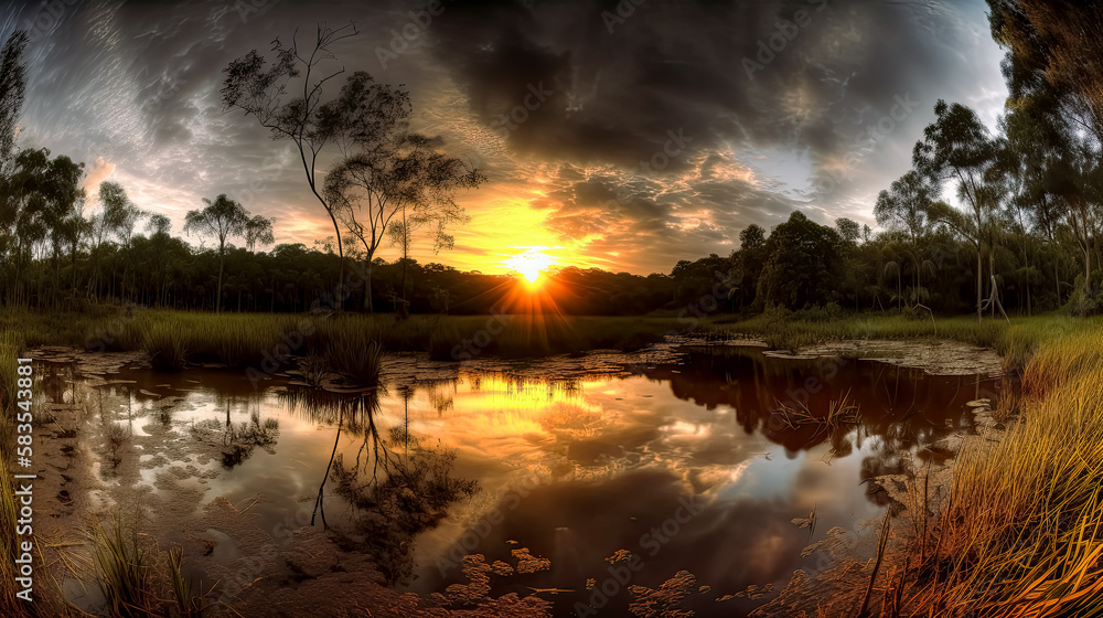 Sunset panorama at a jungle lake. Generative Ai. outdoors, tranquil, peaceful, calm, serene beauty, colorful sky, clouds. 

