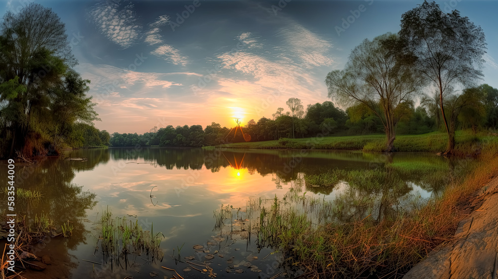 Sunset panorama at a jungle lake. Generative Ai. outdoors, tranquil, peaceful, calm, serene, beauty, colorful, sky, clouds. 