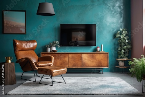 Modern living room with cabinet, brown leather armchair, coffee table, floor lamp, and fur carpet. TV on the cyan concrete wall. Generative AI