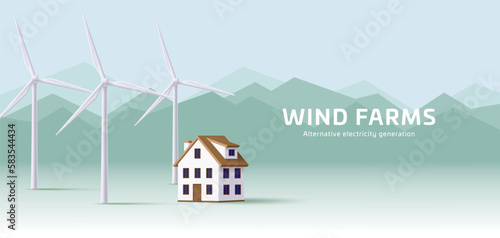 House icon with big windmill farm behind in mountains, 3d illustration, green energy