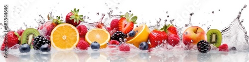 Fresh fruits and water splashes on white panoramic background. Generative AI