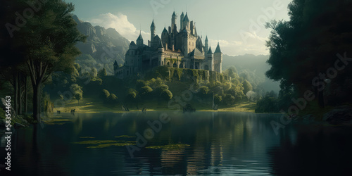 Title  Enchanted Castle Floating over Serene Lake in Mystical Forest  Digital illustration  AI generated